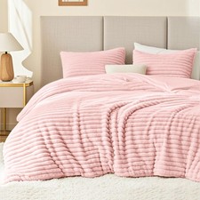 Fluffy Comforter Set Queen Size - Super Soft Faux Fur Stripe Jacquard Comfort...