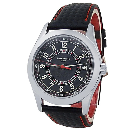 Patek Philippe Calatrava 18k White Gold Black Leather Automatic Black Mens Watch