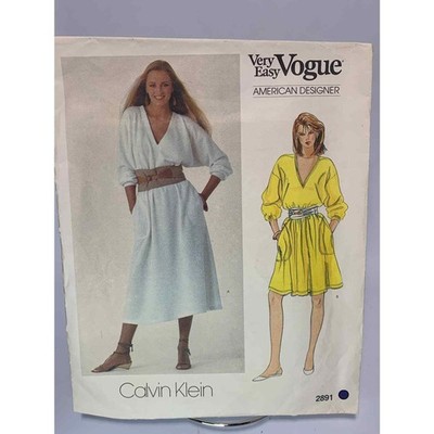 Dress Size 6 CUT Pattern 2891 Vtg 80s Calvin Klein A-Line V-Neck Pockets Loose