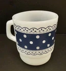 Vtg Fire King Coffee Cup With Blue  Lace Edge Ribbon Pattern