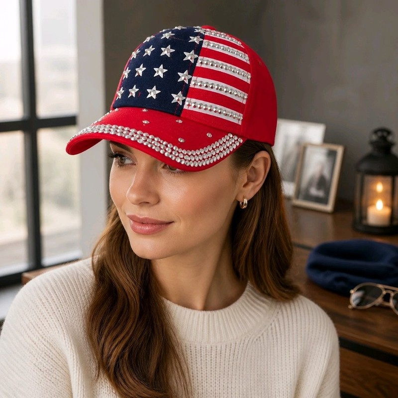 Rhinestone American Flag Baseball Cap Patriotic USA Sparkle Crystals Red Hat