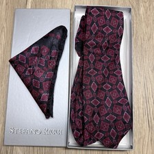 STEFANO RICCI Red/Black Silk Tie & Pocket Square Mens Wedding In Box Italy