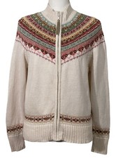 TIARA International Cream Nordic Fair Isle Knit Full Zip Sweater Women s L VTG