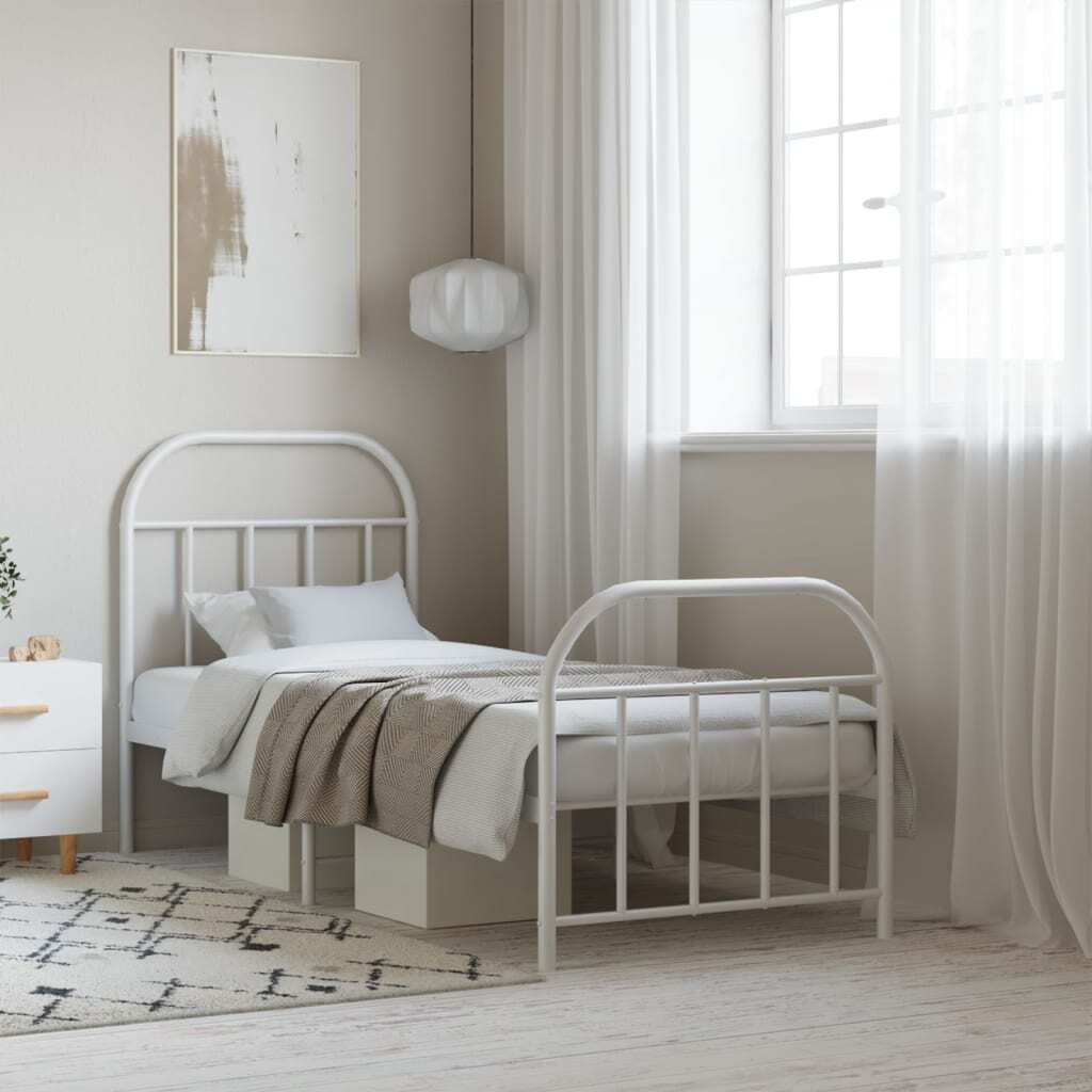 Metal Bed Frame with Headboard and Footboard White 75x190 cm Small Single