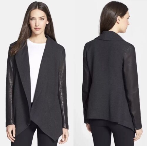 Theory Black Wool Cashmere Blend Open Blazer Jacket Lambskin Sleeves Size Petite