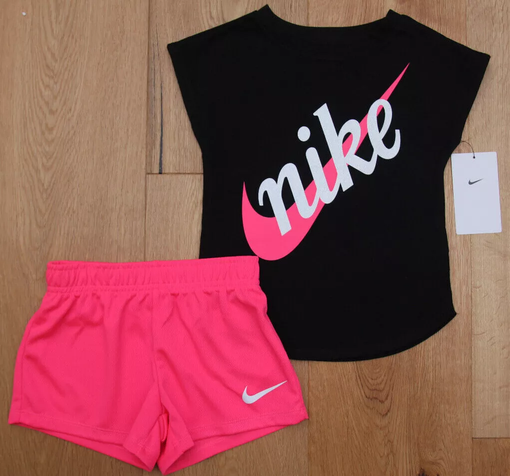 Nike Girl T-Shirt & Shorts Set ~ Black, Neon Pink & White ...