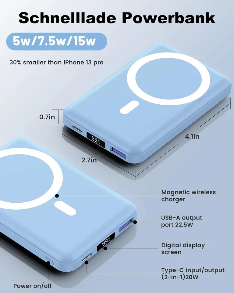 Powerbank für MagSafe 10000mAh Magnet Power Bank Tragbar USB C Ladegerät B697 - Bild 2 von 4