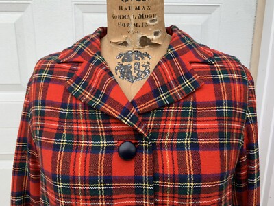 Women's Vintage 60s 70s Red Plaid Button Front Mod Cropped Jacket Top C40 