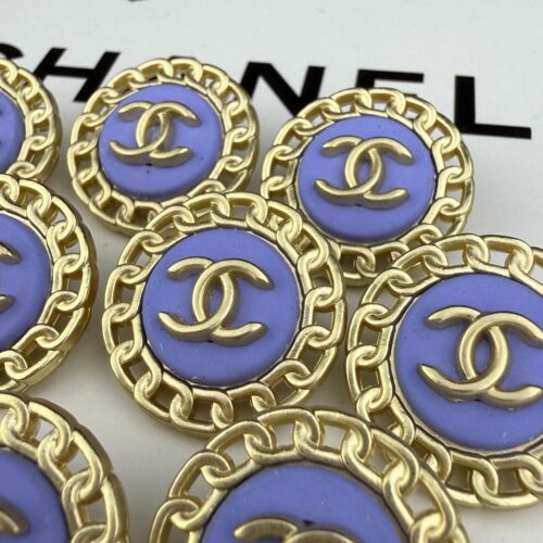 10 CHANEL BUTTONS GOLD BLUE CC LOGO METAL 23MM VINTAGE - Picture 6 of 10
