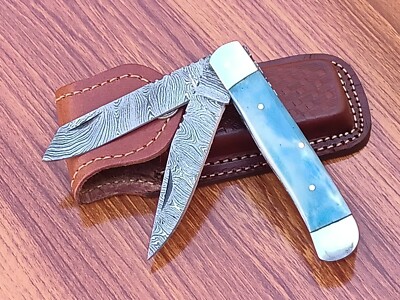 HANDMADE FORGED DAMASCUS STEEL TRAPPER FOLDING KNIFE W/ CAMEL BONE HANDLE 692