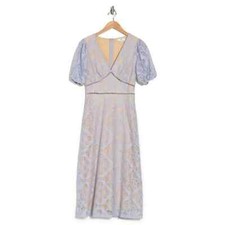 NSR Short Puff Sleeve Knit Lace Overlay Midi Dress Light Blue Cream Size S