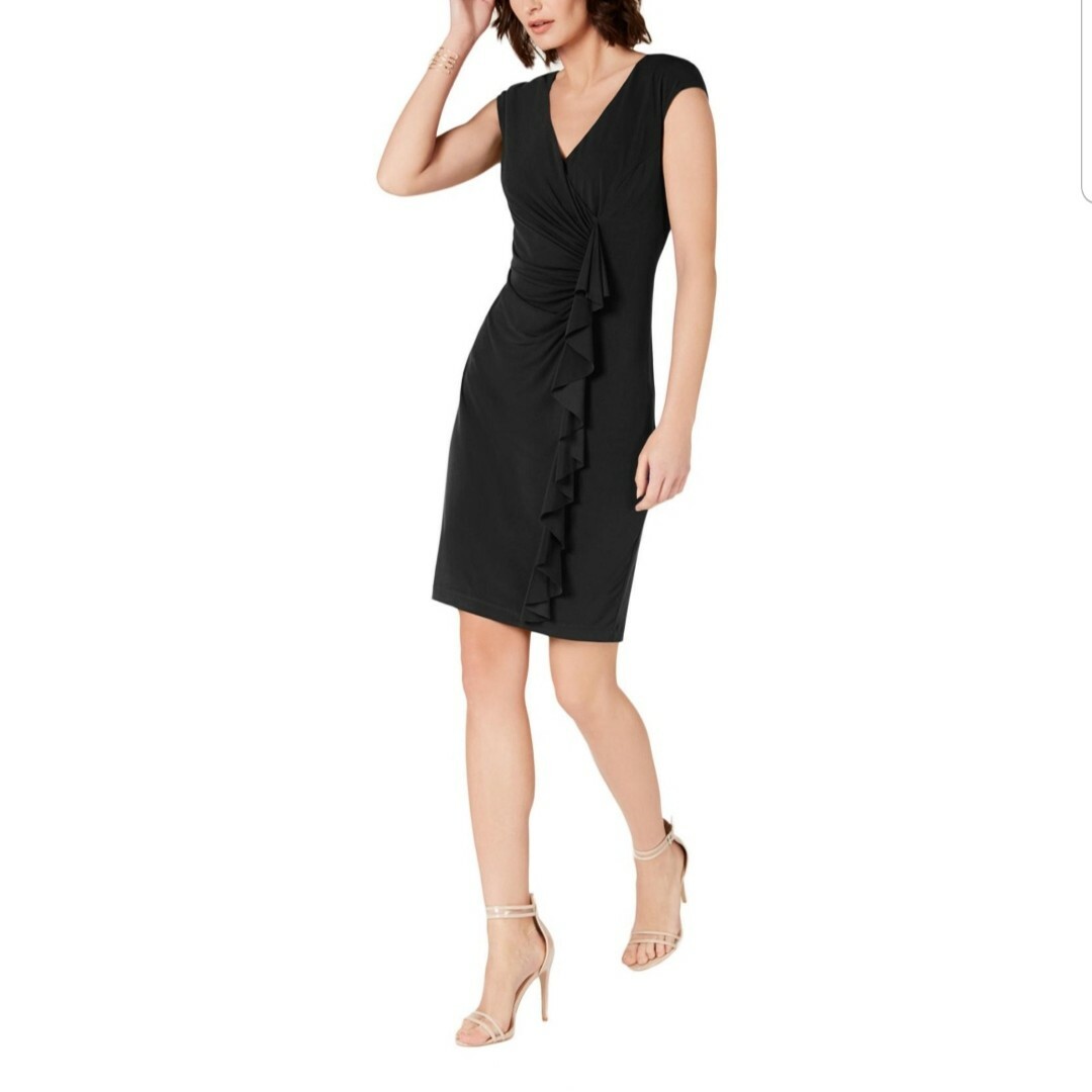 Connected Apparel Sz 6 Black Ruffled V-Neck Knee Length Dress