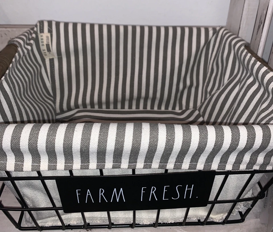 Rae Dunn Farm Fresh Farmhouse Style Storage Wire Basket & Striped Liner NWT - Image 3 of 4