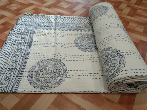 Cotton Handmade Kantha Quilt Reversible Vintage Blanket Bed Indian Hand Block