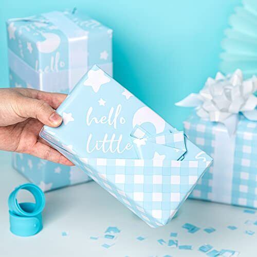 Reversible Wrapping Paper Mini Roll -Baby Boy Blue Pattern Great for Baby Shower - Picture 7 of 8