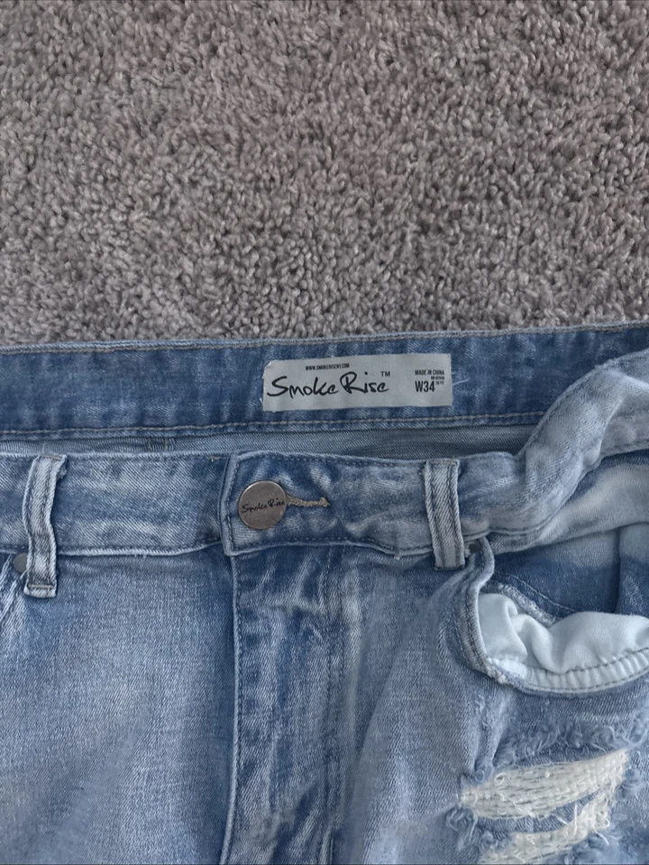 Jeans masculino Smoke Rise azul empilhado vários bolsos, tamanho W34, desgastado - Imagem 4 de 4