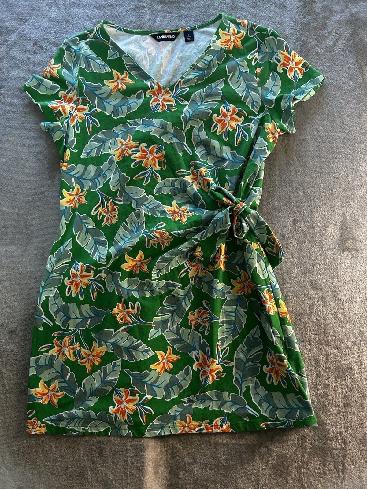 Lands’ End Women’s Large Tropical Floral Faux Wrap Dress Green Short Sleeve