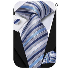 Hi-Tie Mens 70" Tie Set Extra Long Necktie With Cufflinks Handkerchief,Blue Grey