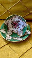 Paragon Green Gold Pink Floating Cabbage Roses Tea Cup Saucer Set