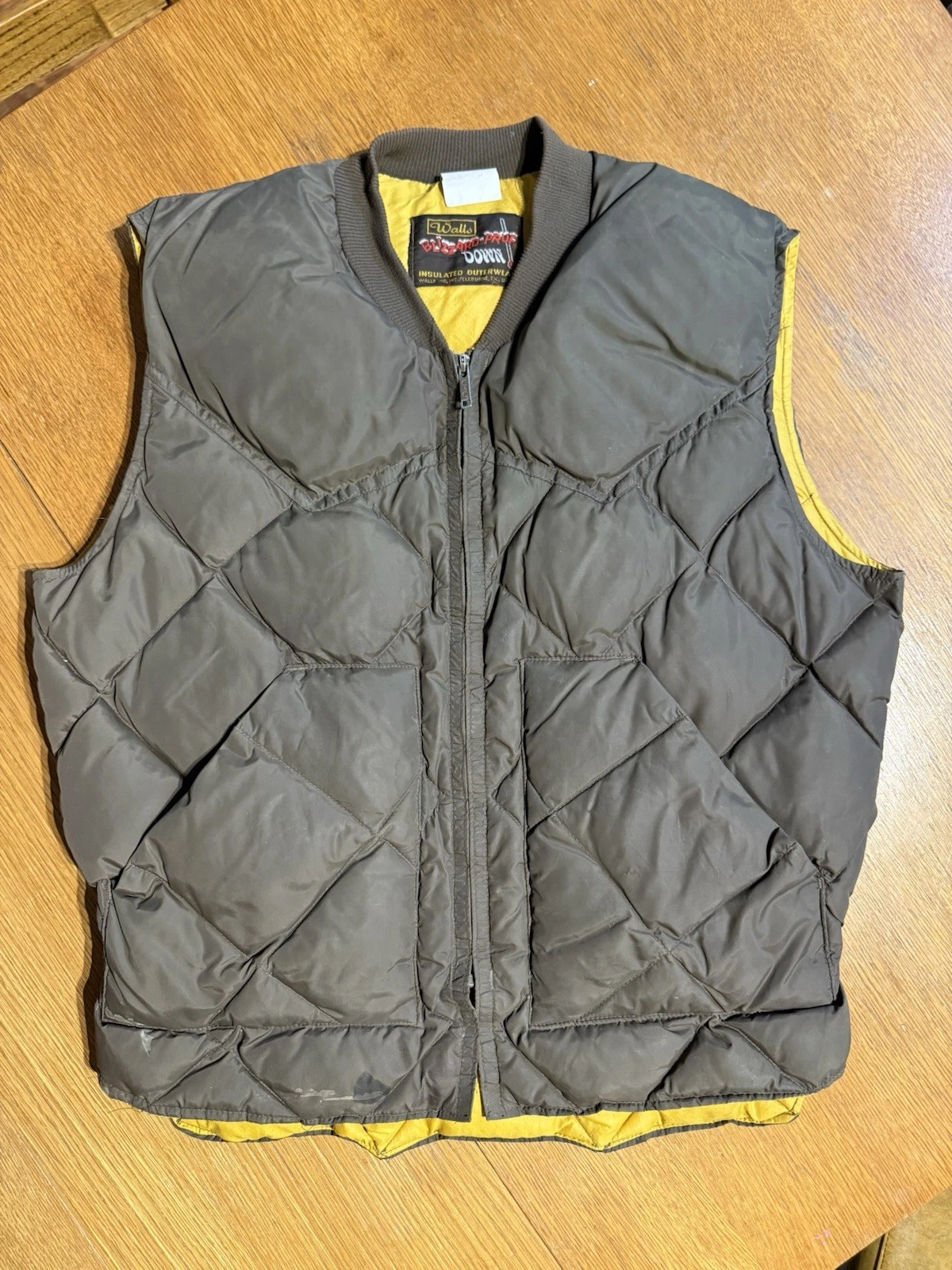 Vintage Walls Blizzard Pruf Down Vest USA Made Brown Yellow Quilted Mens L