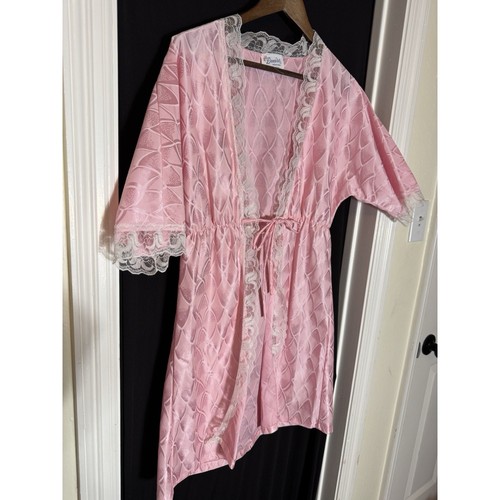 Vintage L Large Pink Robe Lace Trim Denise Creations Nightie Boudoir Coquette - Picture 5 of 5