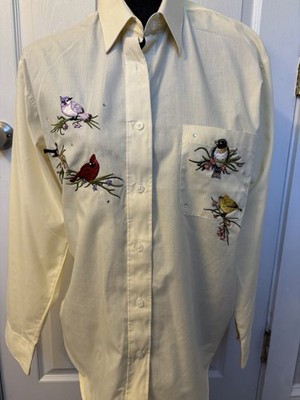 Las Olas Yellow Pin Stripe Blouse Bird  Med Long Sleeve Collared Classic Shirt