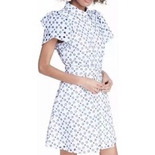 Alexis Target Dot Tulip Sleeve Embroidered Shirtdress Eyelet Belted White Blue