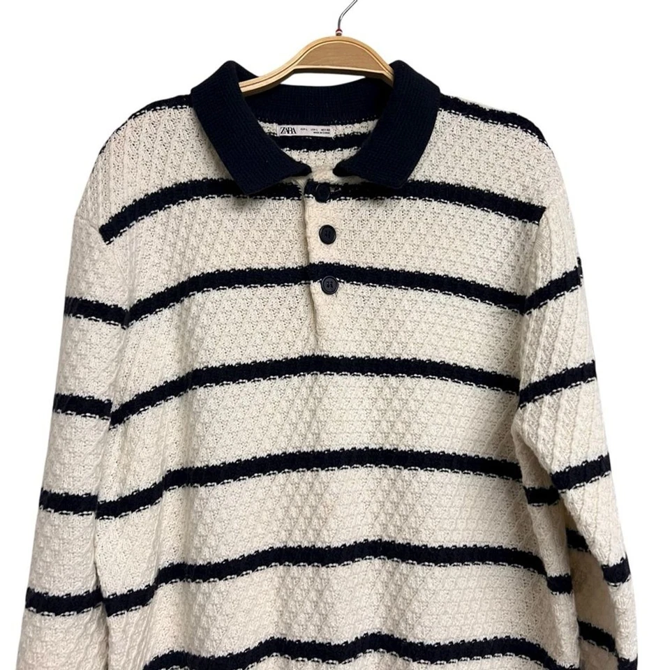 Мужская вязаная рубашка-поло Zara в полоску с длинным рукавом белая синяя большого размера - Изображение 2 из 4
