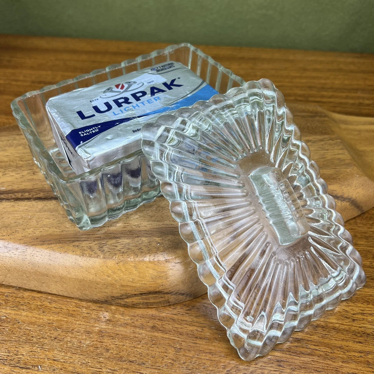 Vintage Belgian Aquamarine Glass Butter Dish Ribbed Mid Century Modern Belgium