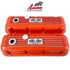Big Block Chevy 454 Flag Logo Valve Covers, Classic Finned, Orange - Ansen USA