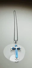Men Silver Blue Cross Pendant Necklace Religious Christian Chain 24"