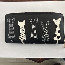 Black Leather Wallet With Embroidered Cats