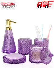 Purple 5-Piece Bathroom Accessories Set, Glass Dispenser, Toothbrush Holder 