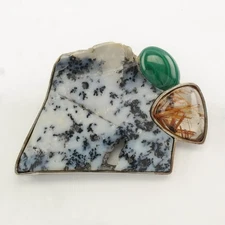 Dendric Agate Malachite Rutile Quartz Sterling Silver Brooch