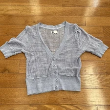 So Cropped Short Sleeve Cardigan Sweater Heathered Purple Knit Eyelet Small S