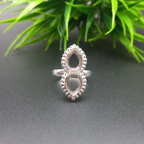 Solid 925 Sterling Silver Pear Ring 8x10 Double Collet Beaded Bezel Blank DIY