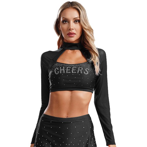 Women Cheer Uniform Tops Night Club Crop Top Rhinestone Cheerleader Costume - Picture 67 of 87