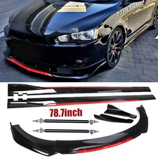 Front Bumper Lip Splitter + Side Skirt Glossy Black +Red For Mitsubishi Lancer