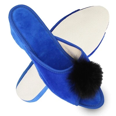 Damen Samt Pantoffel mit Puschel Absatz HausSchuhe Blau Gr. 36-41 filsko Latina