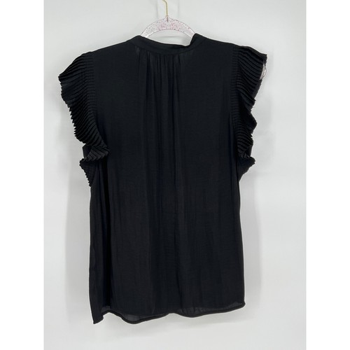 Banana Republic Blouse Pleated Flutter Sleeve Tie Neck Black Top Size M - Picture 4 of 8
