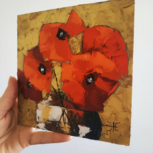Poppies Painting California Poppy Floral Art Impasto Oil Painting Original 6x6 - Picture 6 of 10