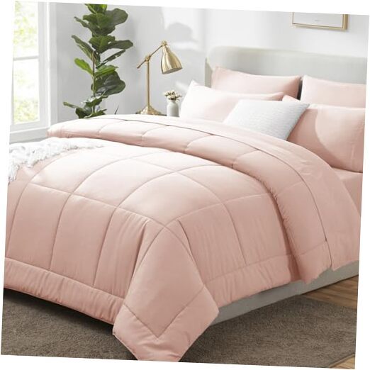 Pink Comforter Set - 7 Pieces Bed in a Bag Comforters Size Queen Blush Pink