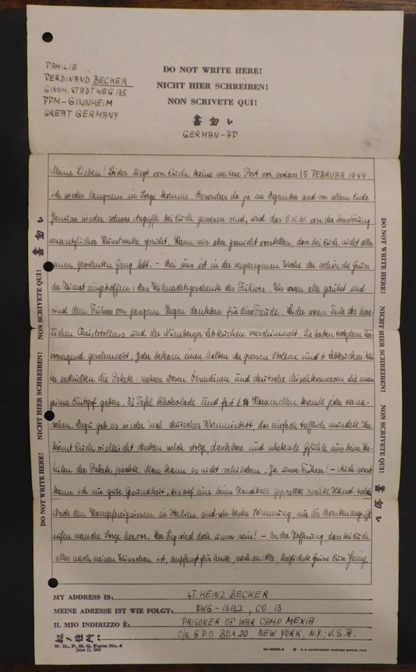 1944 Camp Mexia Texas USA Prisoner of war POW Letter Cover to Ginnheim Germany 2 - Image 3 of 4