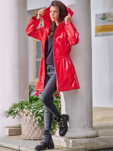 Women Casual Patent Leather Hooded Trench Loose PVC Long Jackets PU Outwear - Picture 8 of 17