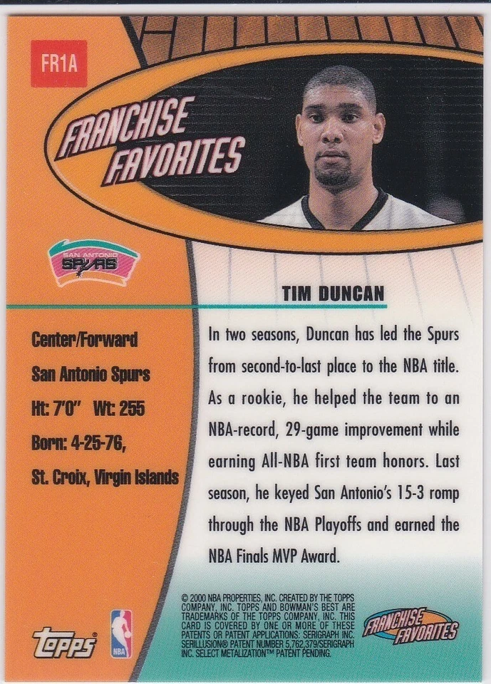 Tarjeta de baloncesto Tim Duncan 2000 Bowman's Best RARA FRANQUICIA FAVORITA $$ ESPUELAS! Foto 2 de 2