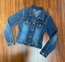 ANGEL JEANS Dark Wash Blue Stretch Body Hug Denim Jean Jacket S Made in USA