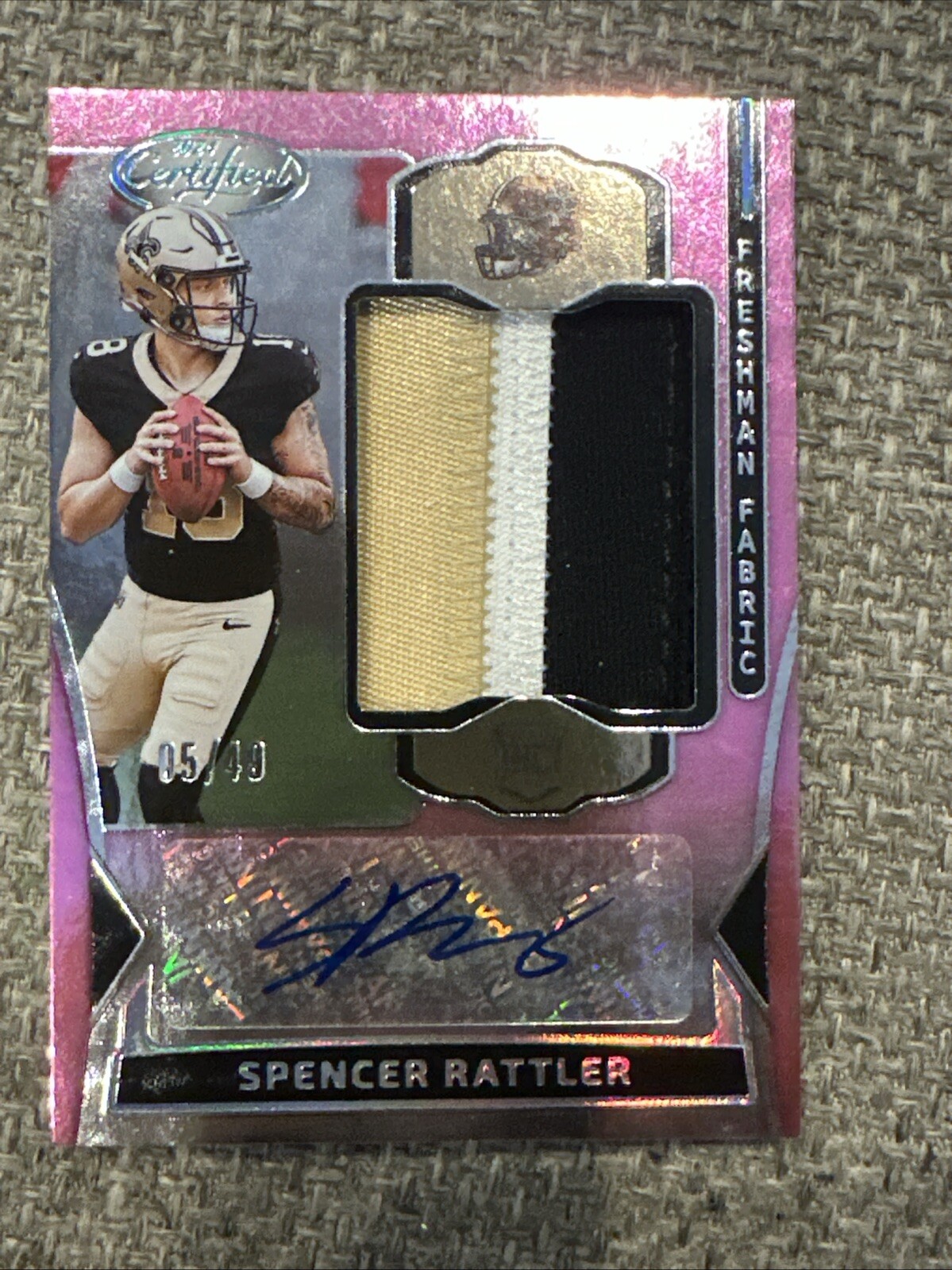 2024 Certified Pink Freshman Fabric Rookie Patch Auto Spencer Rattler # 5/49 RC