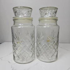 Planters 1983 Mr. Peanut Clear Glass Canister Jar with Lid Logo Bottom Set of 2