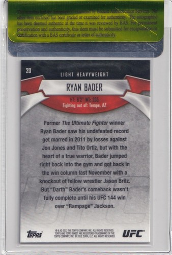 Ryan Bader Signed 2012 Topps Finest UFC Card #20 BAS COA Bellator Autograph 144 - Picture 3 of 24