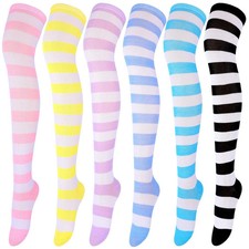 6 Pairs Striped Over Knee High Socks Stripe High Thigh Stockings Women Long S...